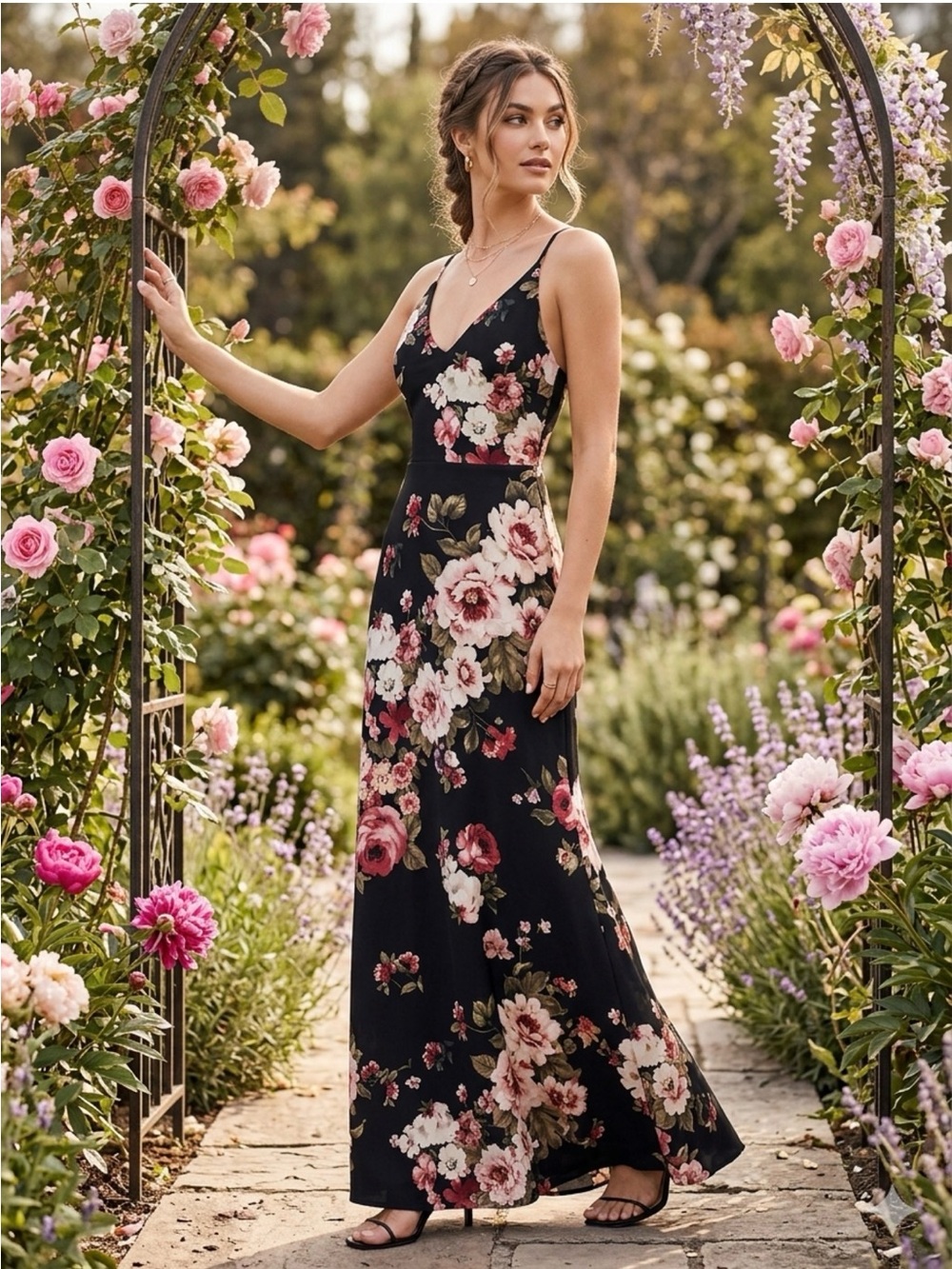 Floral V-Neck Maxi Dress in Black and Blush